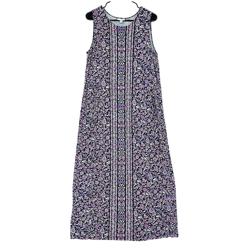 J Jill Maxi Dress M Floral Purple Jersey Shift Sleeveless Beach Resortwear 53" - Picture 2 of 13